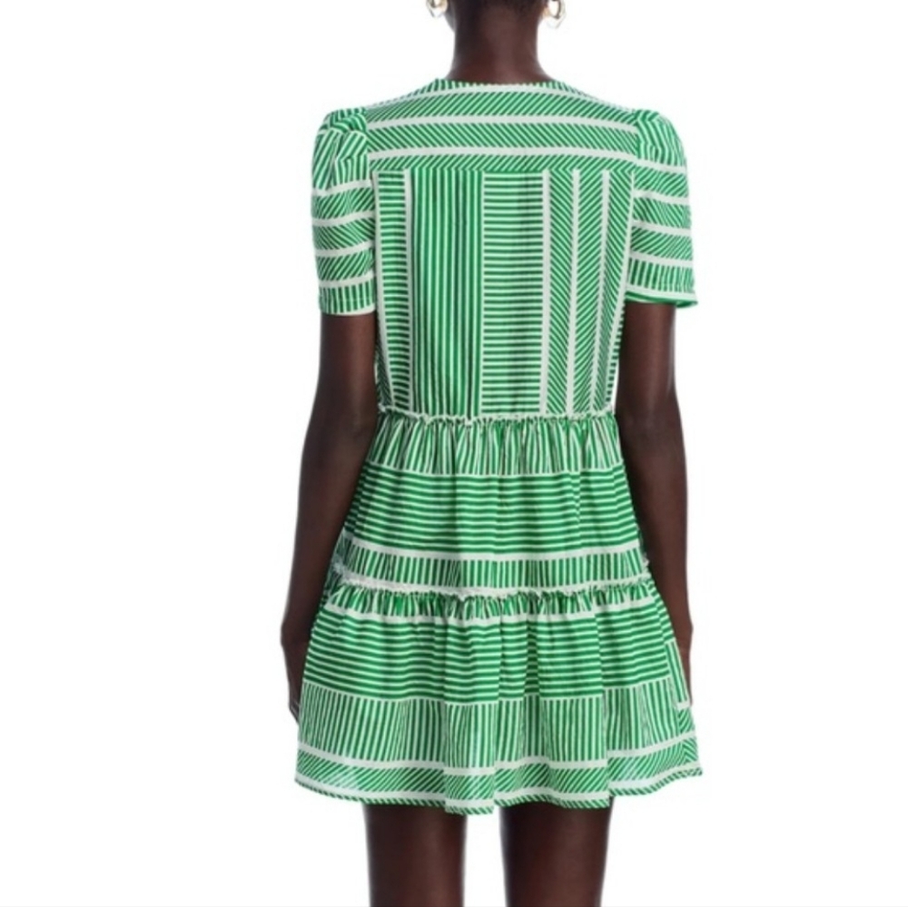 Aqua Green and White Striped Tiered Ruffled Mini Dress Size Medium - Picture 4 of 12
